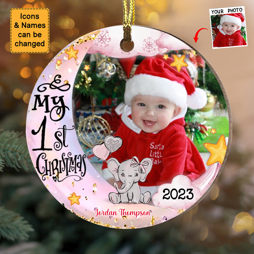 Baby's First Christmas Animal Upload Photo Circle Ornament
