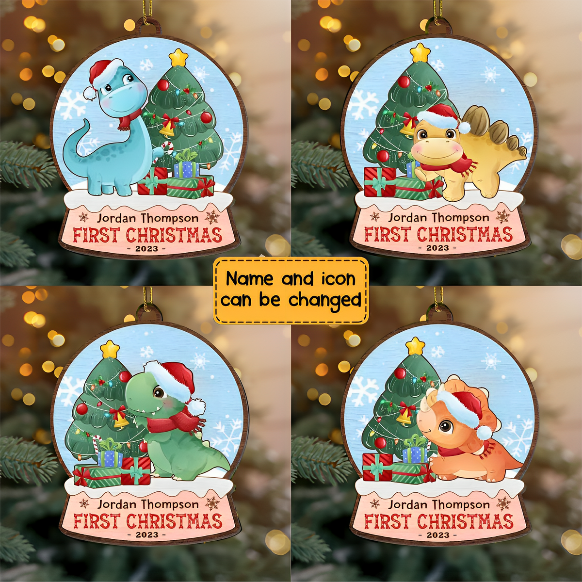 Gift For Grandson First Christmas Dinosaur Wooden Ornament