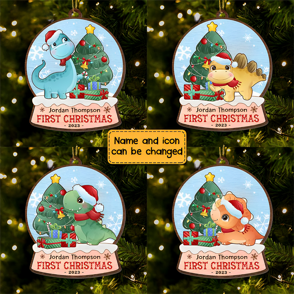 Gift For Grandson First Christmas Dinosaur Wooden Ornament