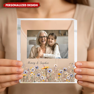 Personalised Acrylic Photo Plaque Floral Frame, Gift for Nanny Family