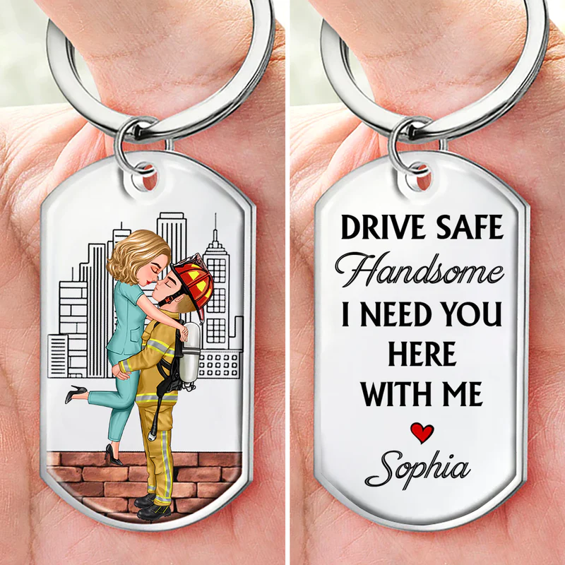 Personalized Couple Portrait, Firefighter, Nurse, Police Officer, Teacher, Gifts by Occupation Stainless Steel Keychain