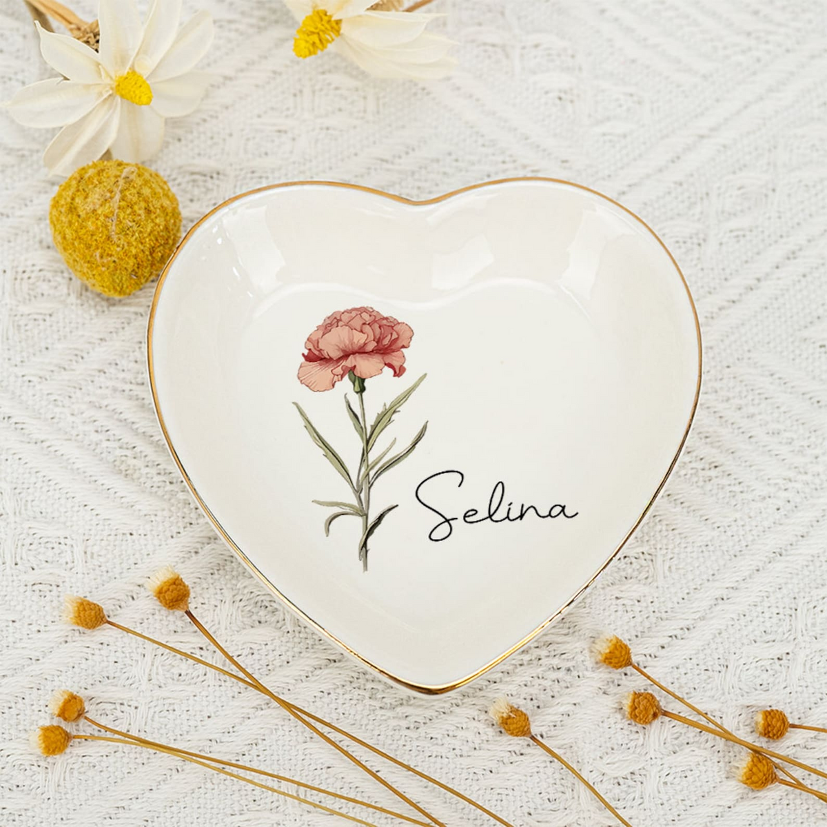 Personalized Couple Gift-Birth Flower Jewelry Dish with Name