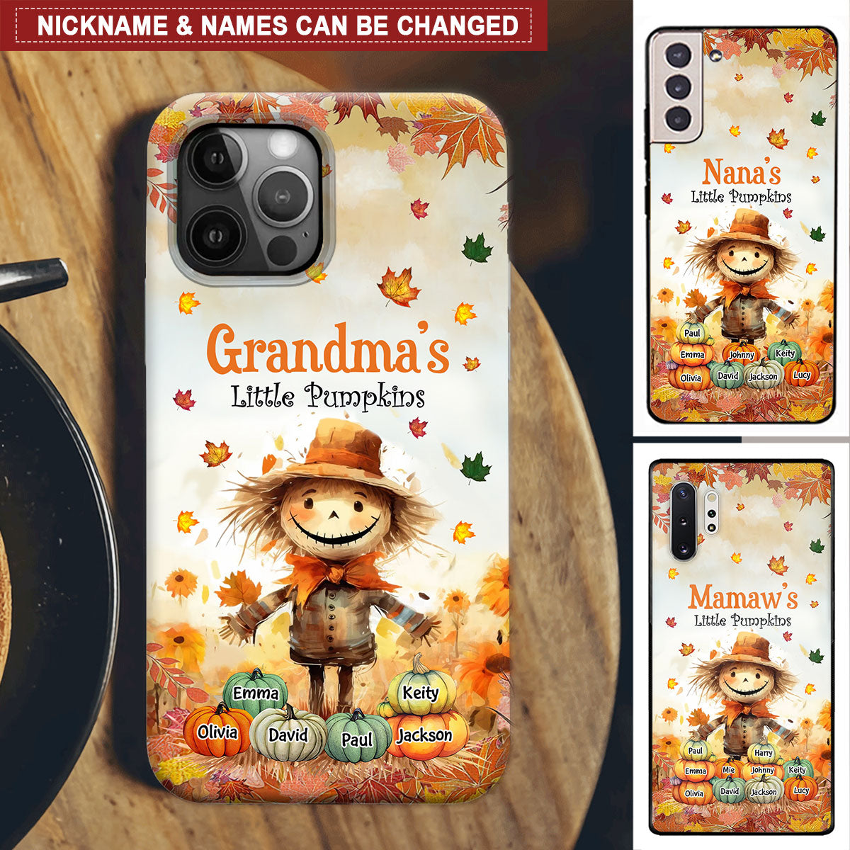 Grandma's Little Pumpkins Scarecrow Standing With Pumpkins Around Personalized Phone Case