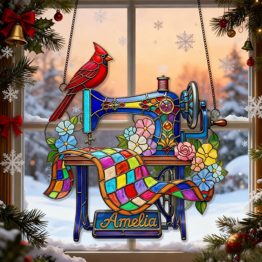 Personalized Cardinal Suncatcher Ornament Sewing Machine Gifts for Heaven Memorial Gift