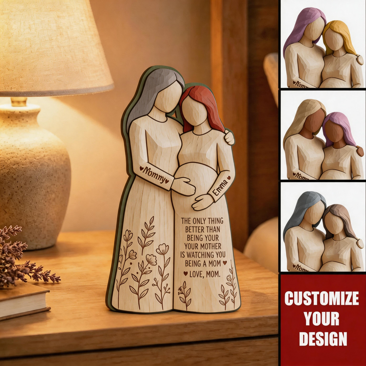 Personalized Pregnant Mom Figurine - Mother Daughter Wood Sculpture