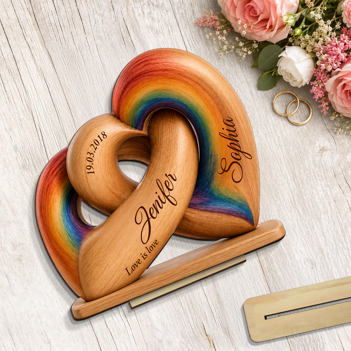 Interlocked Hearts Love is Love LGBT Couple - Personalized Wooden Plaque
