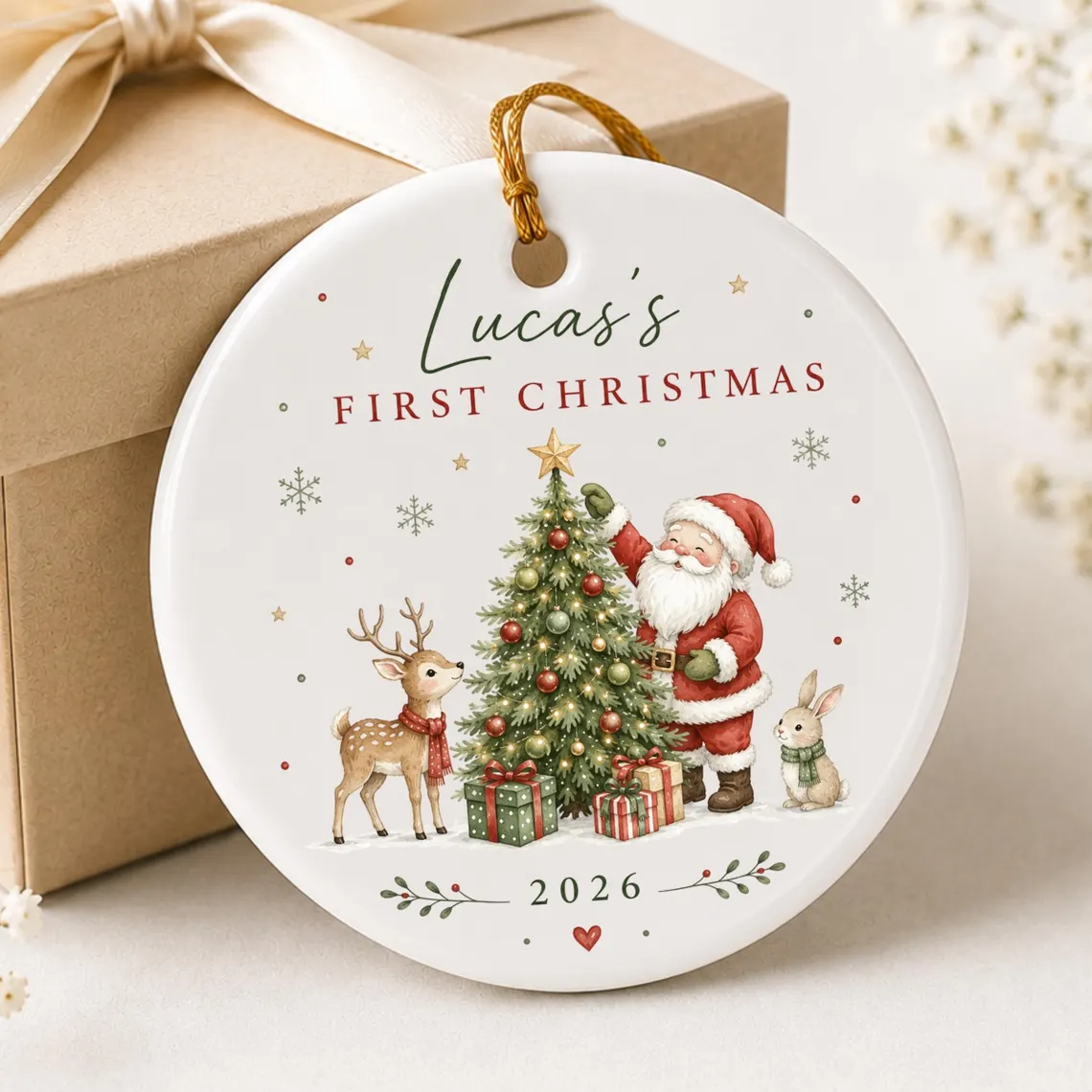 Personalized Baby's First Christmas Ornament, Custom Name Santa Keepsake
