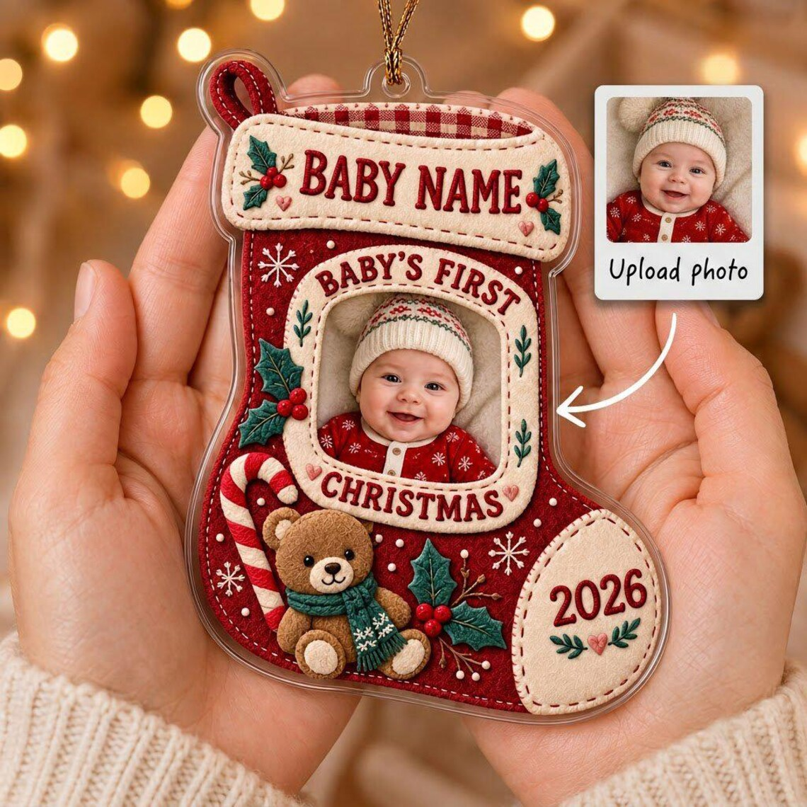 Personalized Baby’s First Christmas Photo Ornament,Stocking Keepsake Newborn Gift