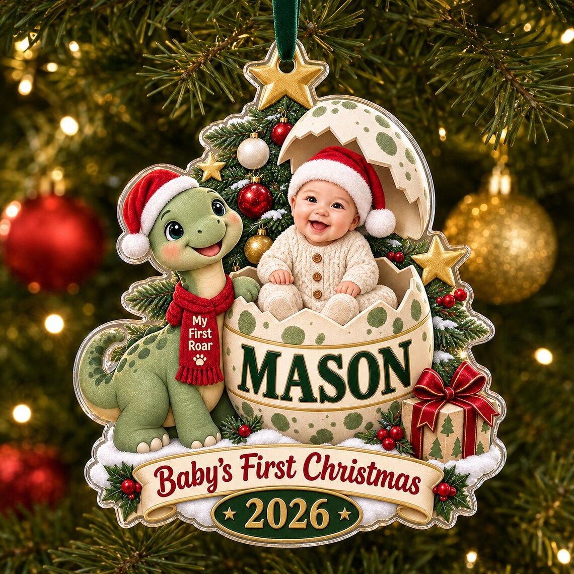 Personalized Baby First Christmas Ornament 2026, Dinosaur Acrylic Ornament