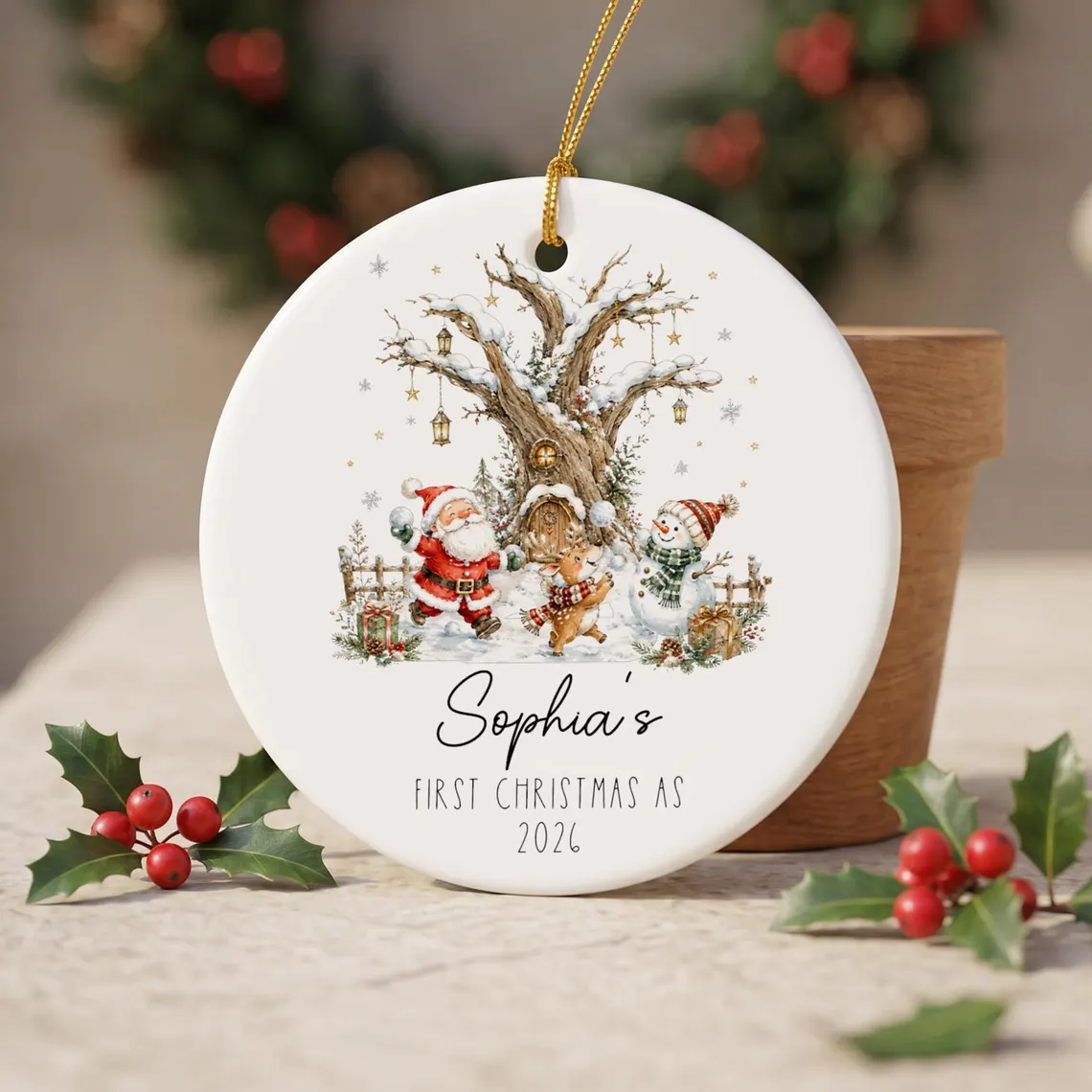 Personalized First Christmas Ornament, Custom Name 2026 Woodland Christmas Keepsake