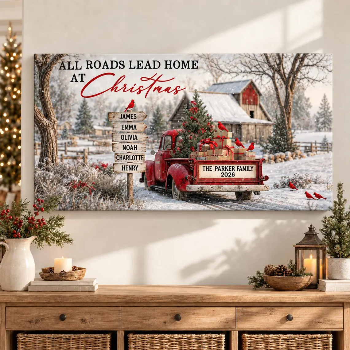 All Roads Lead Home at Christmas Rustic Farmhouse - Personalized Family Name Poster