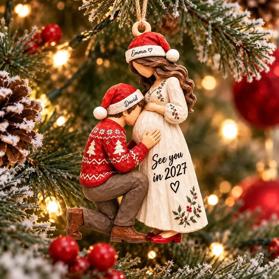 Personalized Pregnancy Announcement Wooden Christmas Ornament - Expecting Parents Gift