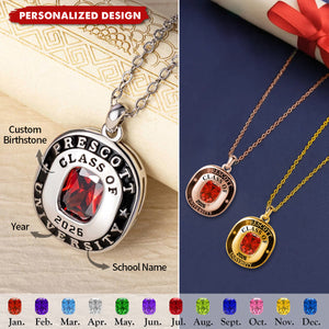 Personalized Birthstone Shield Badge Necklace With Text Class of 2026 Graduation Gift