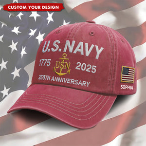 Custom Name U.S. Navy 250th Anniversary Hat, Veteran Gift