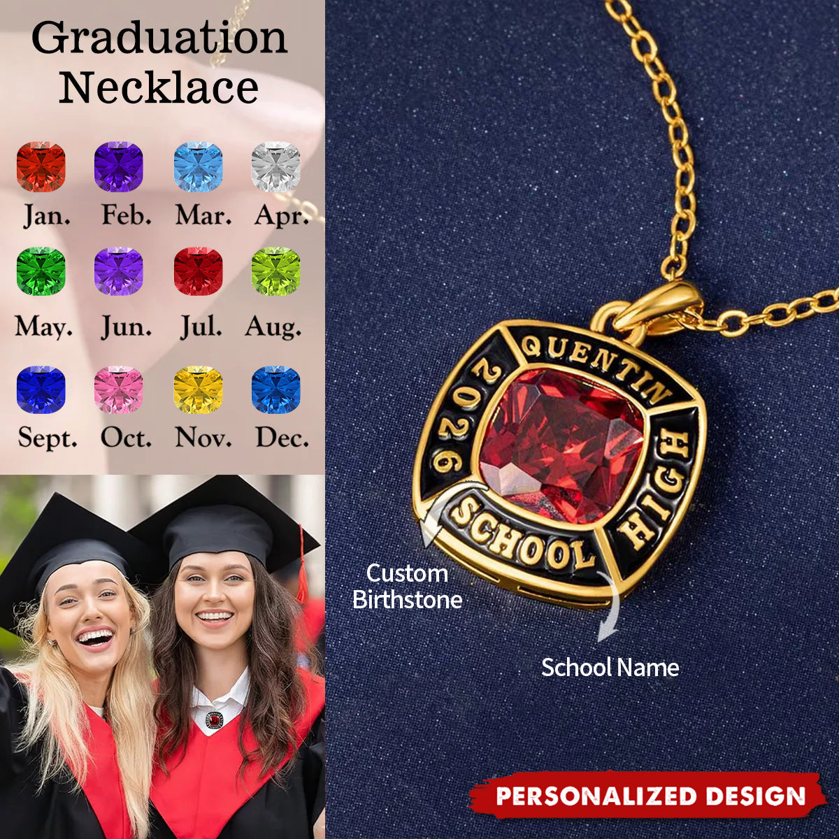 Personalized Birthstone Shield Badge Necklace With Text Class of 2026 Graduation Gift