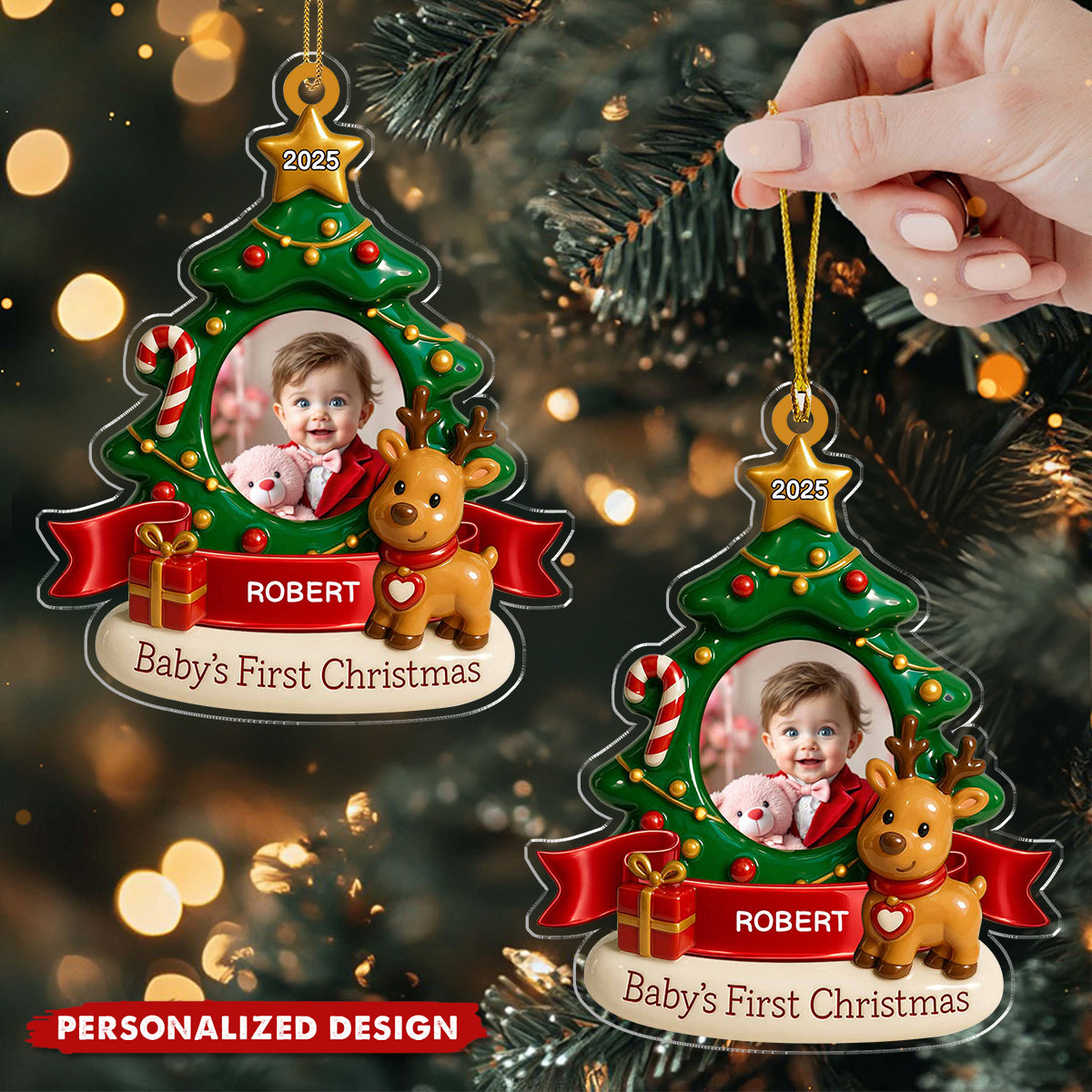 Baby's First Christmas With Tree And Reindeer - Personalized Acrylic Ornament