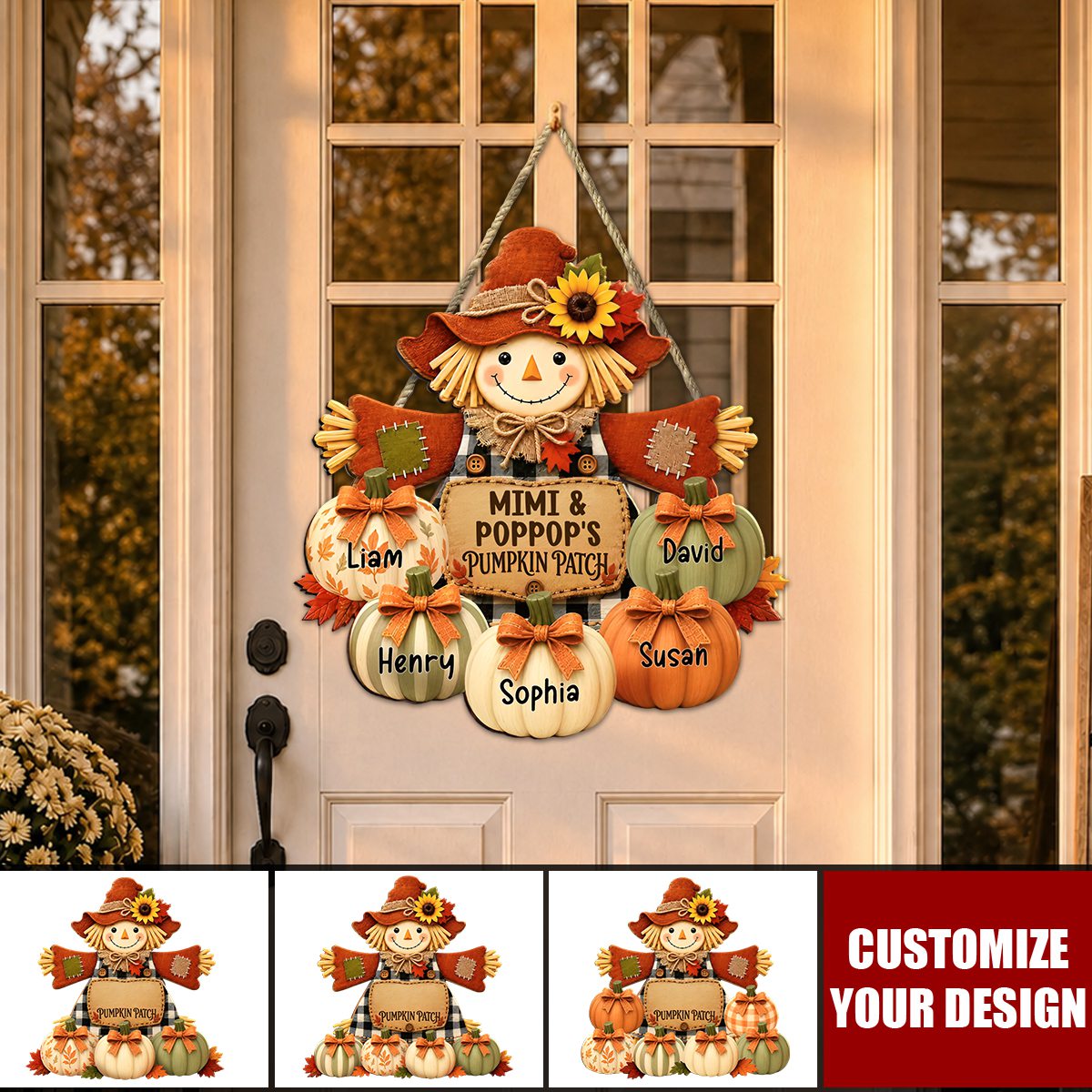 Grandma & Grandpa's Pumpkin Patch Scarecrow - Personalized Wooden Door Sign