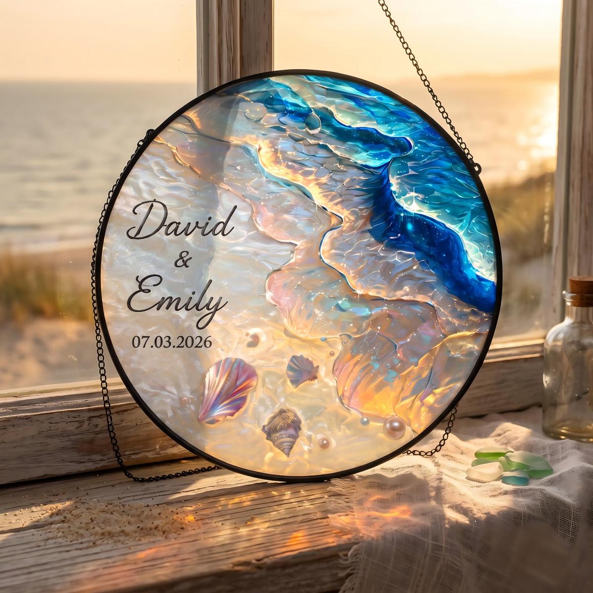 Ocean Wave Custom Engagement Wedding Gift For Couple - Personalized Suncatcher