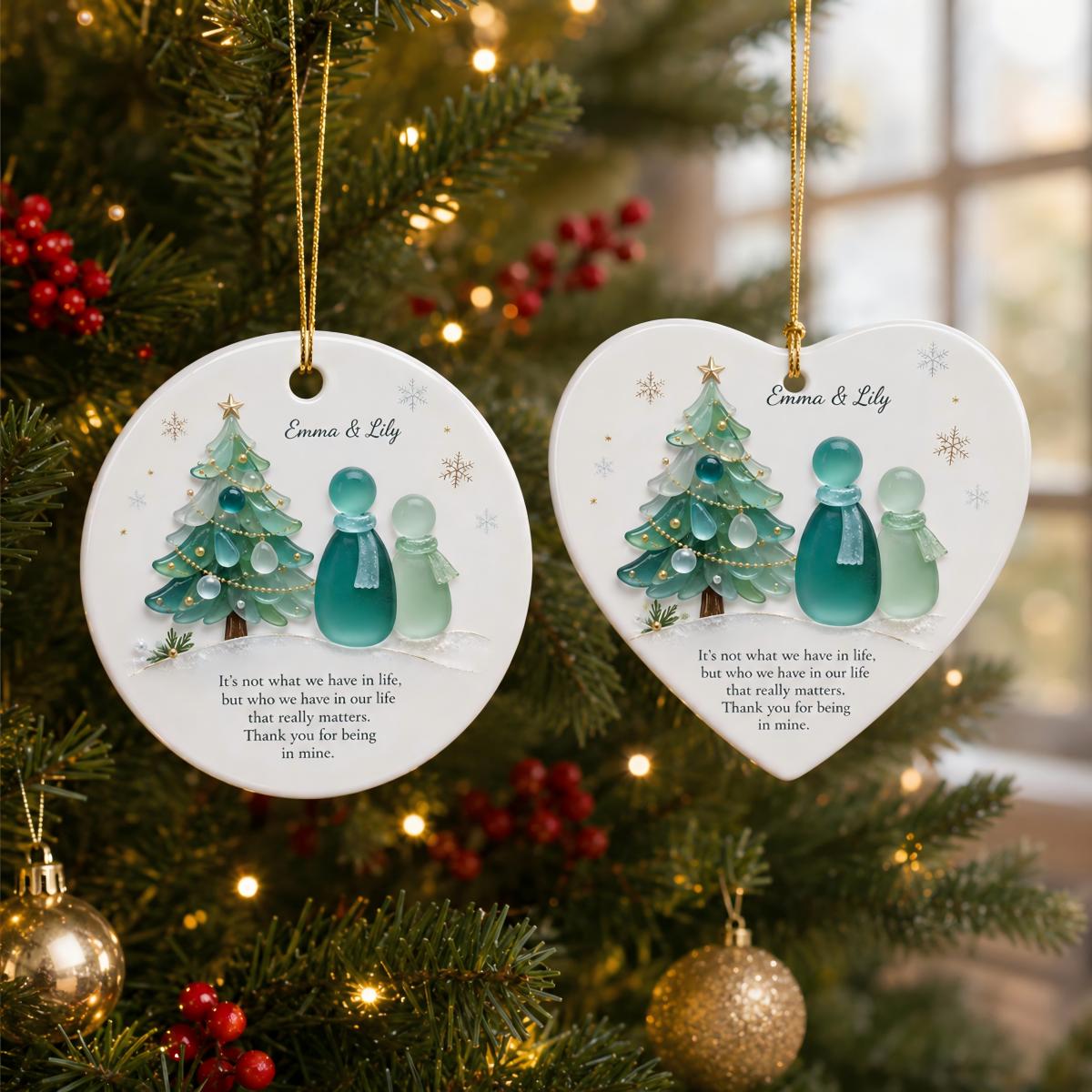 Custom Sea Glass Ceramic Ornament, Christmas Tree Decor For Couple