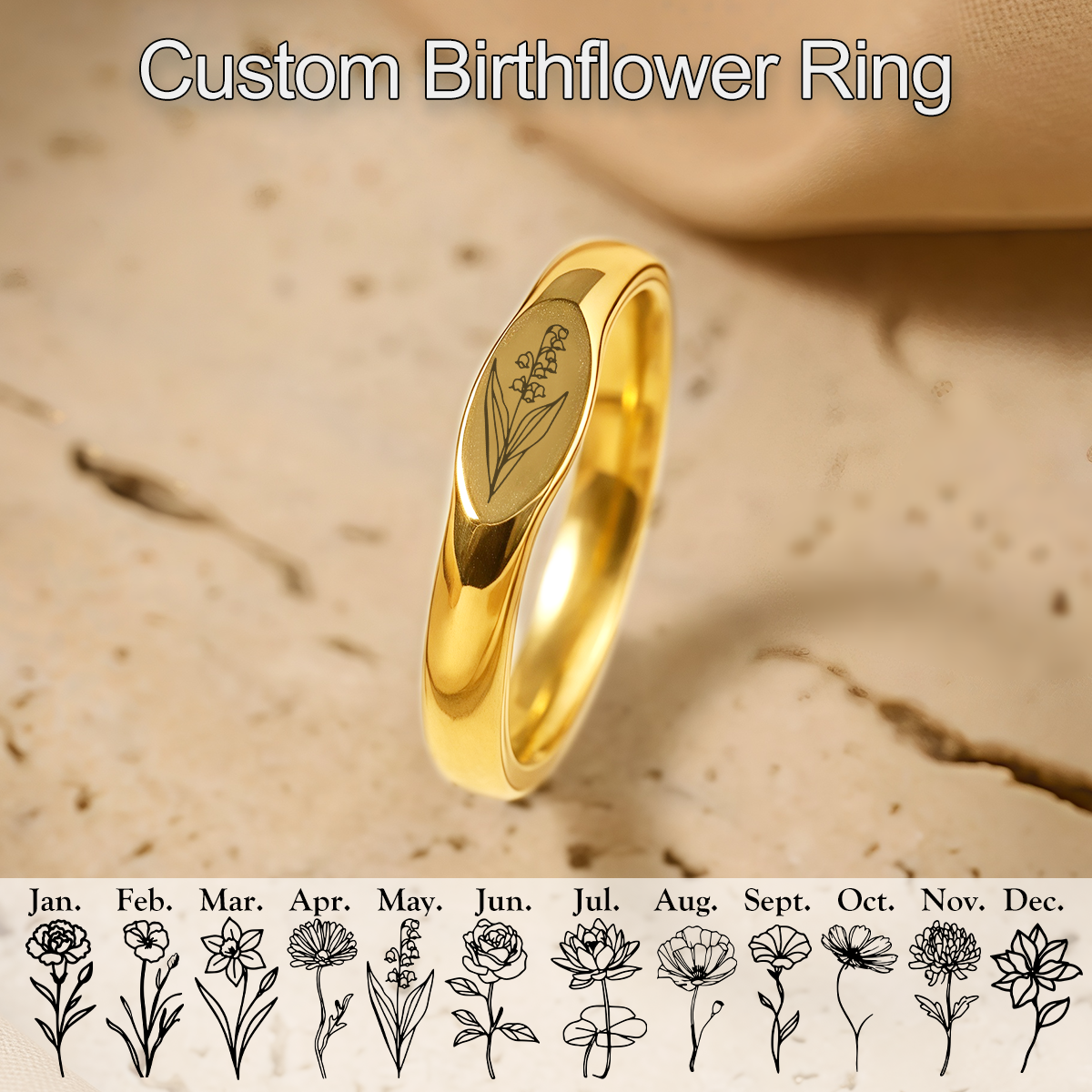 Personalized Birth Flower Ring, Bridesmaid Skinny Jewelry