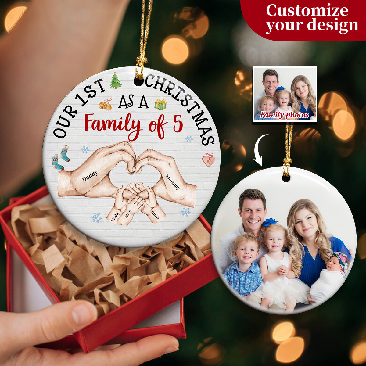 Our First Christmas As A Family Circle Ornament-Upload Photo