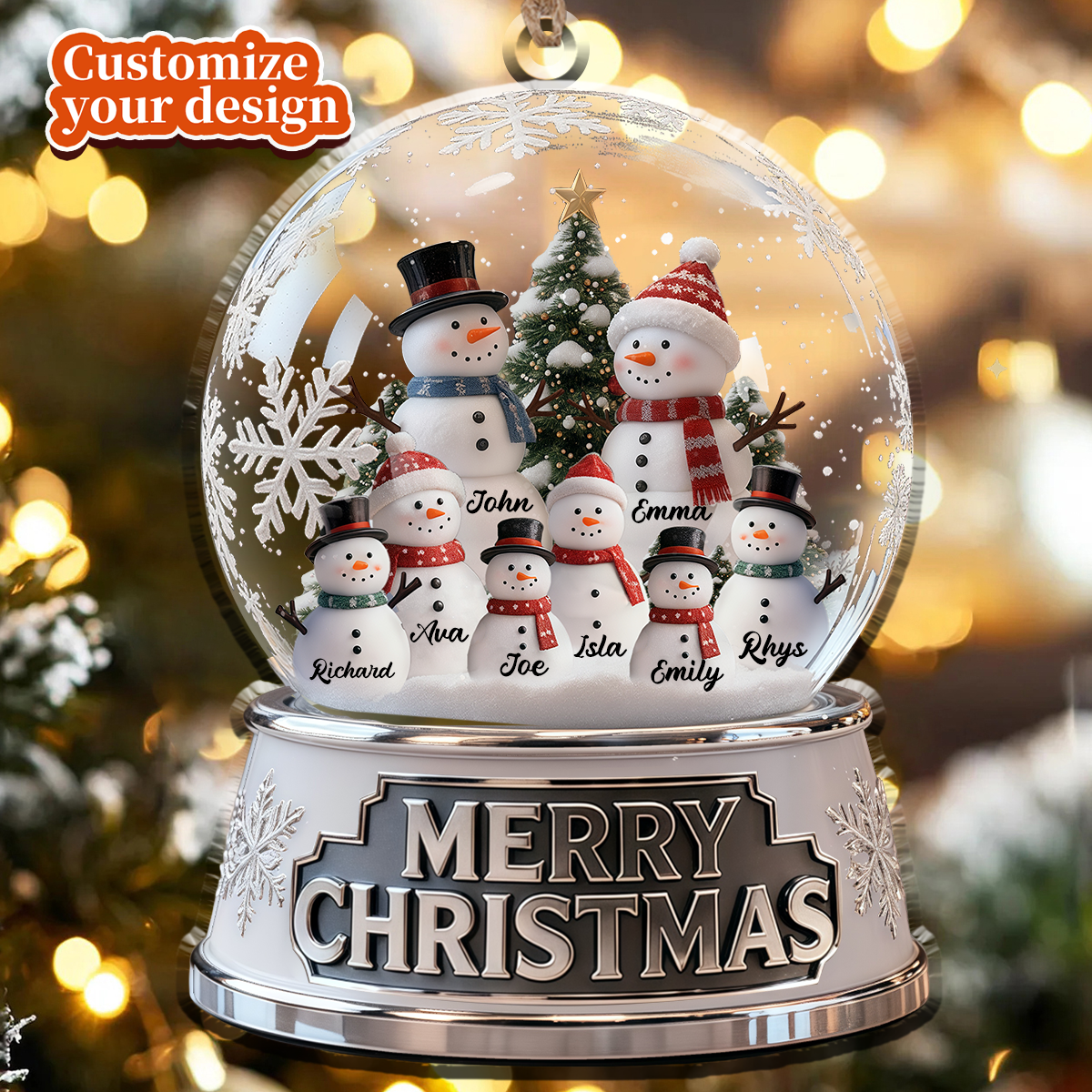 Personalized Christmas Snowman Family Crystal Ball Ornament