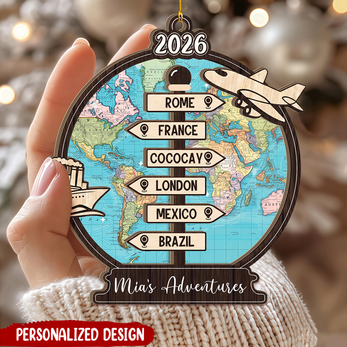 Customized Traveling Destination Ornament, Personalized Travel Adventure Ornament
