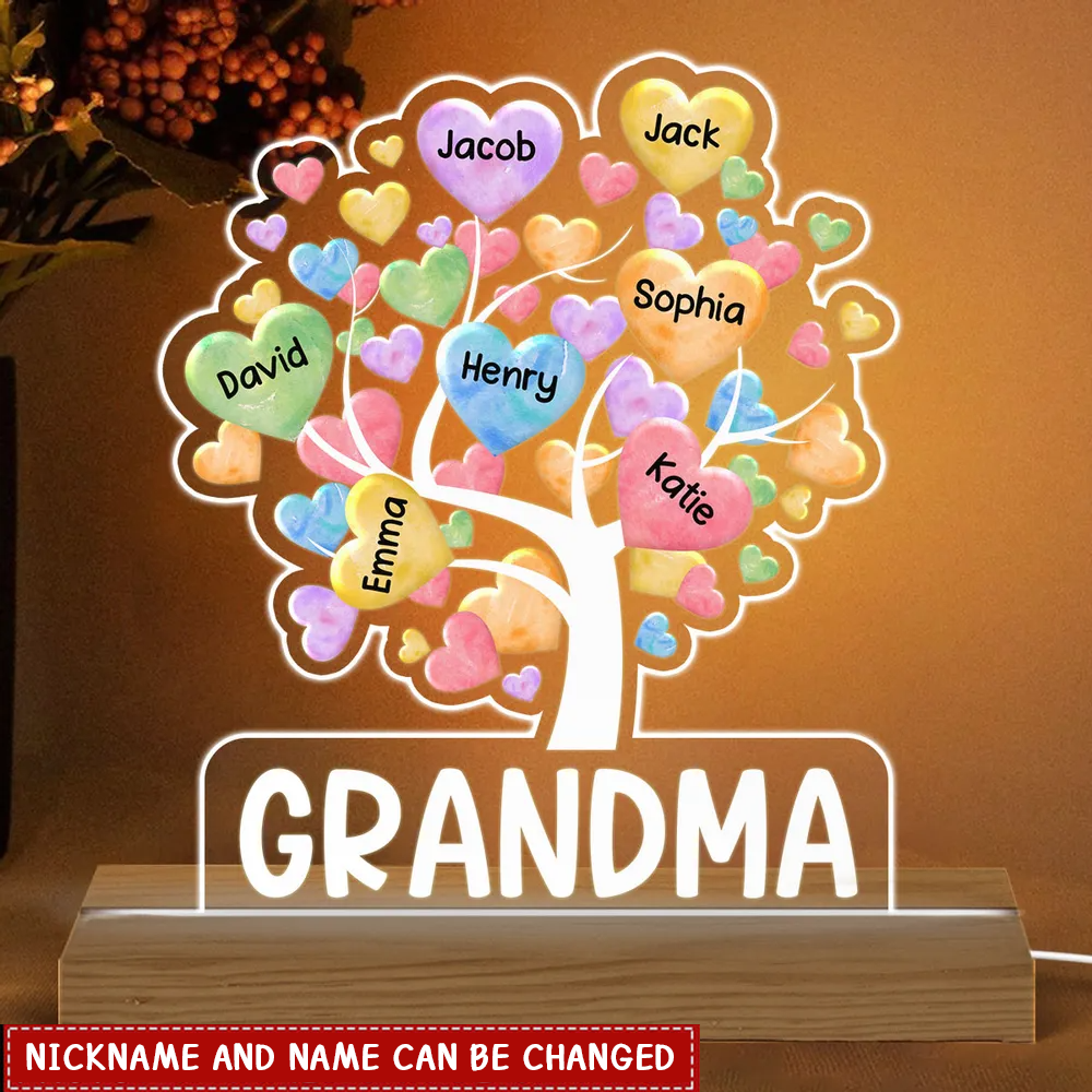 Colorful Heart Tree Grandma Grandkids Name Personalized LED Night Light Plaque