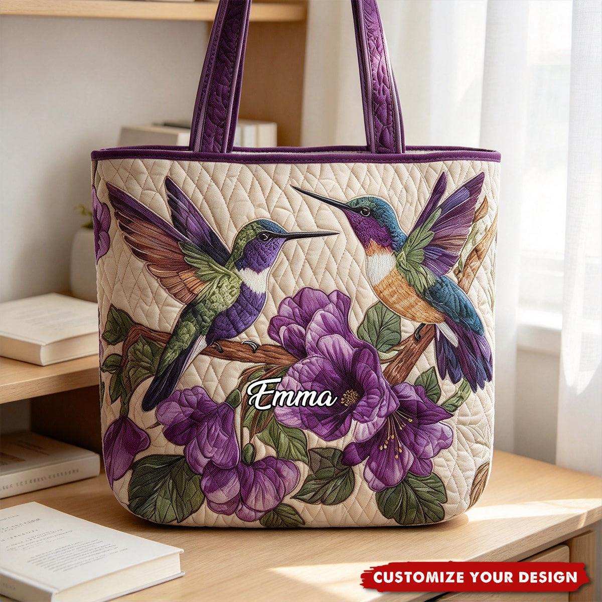 Personalized Hummingbird Quilted Tote Bag, Nature Lover Gift