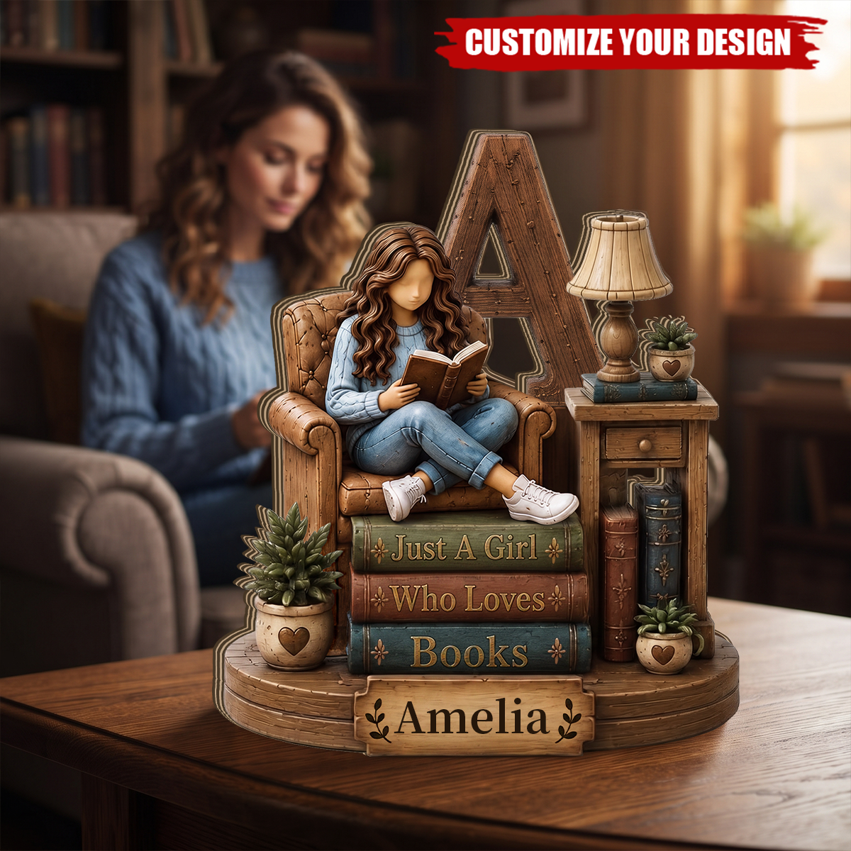 Personalized Initial Letter & Name Wooden Block, Book Lover Gift