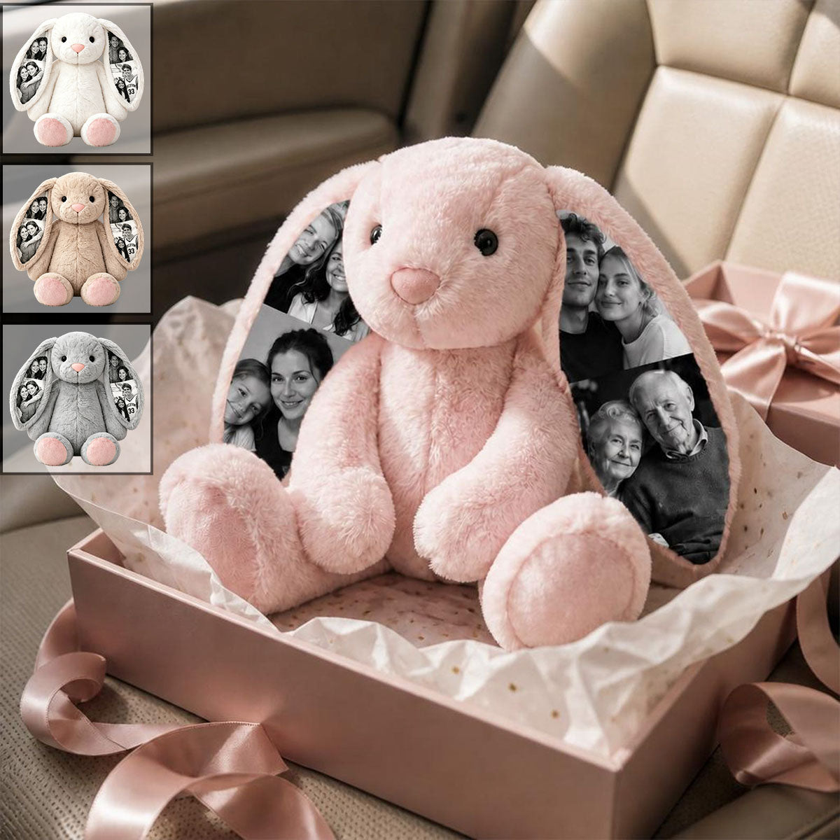 Custom Photo Bunny Plush – Personalized Hidden Ear Picture Bunny Gift for Couples