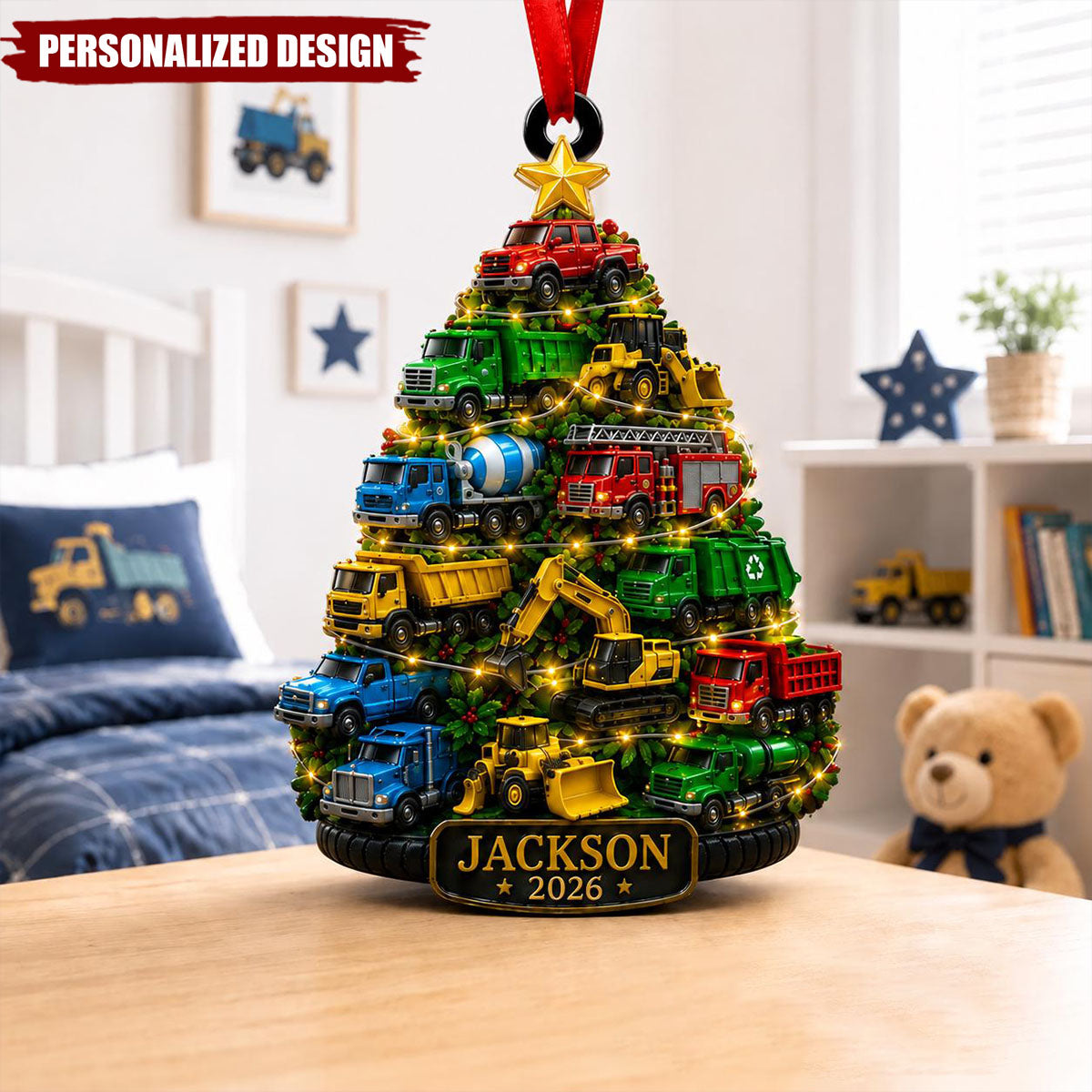 Construction Truck Christmas Decor - Personalized Name Kid Ornament