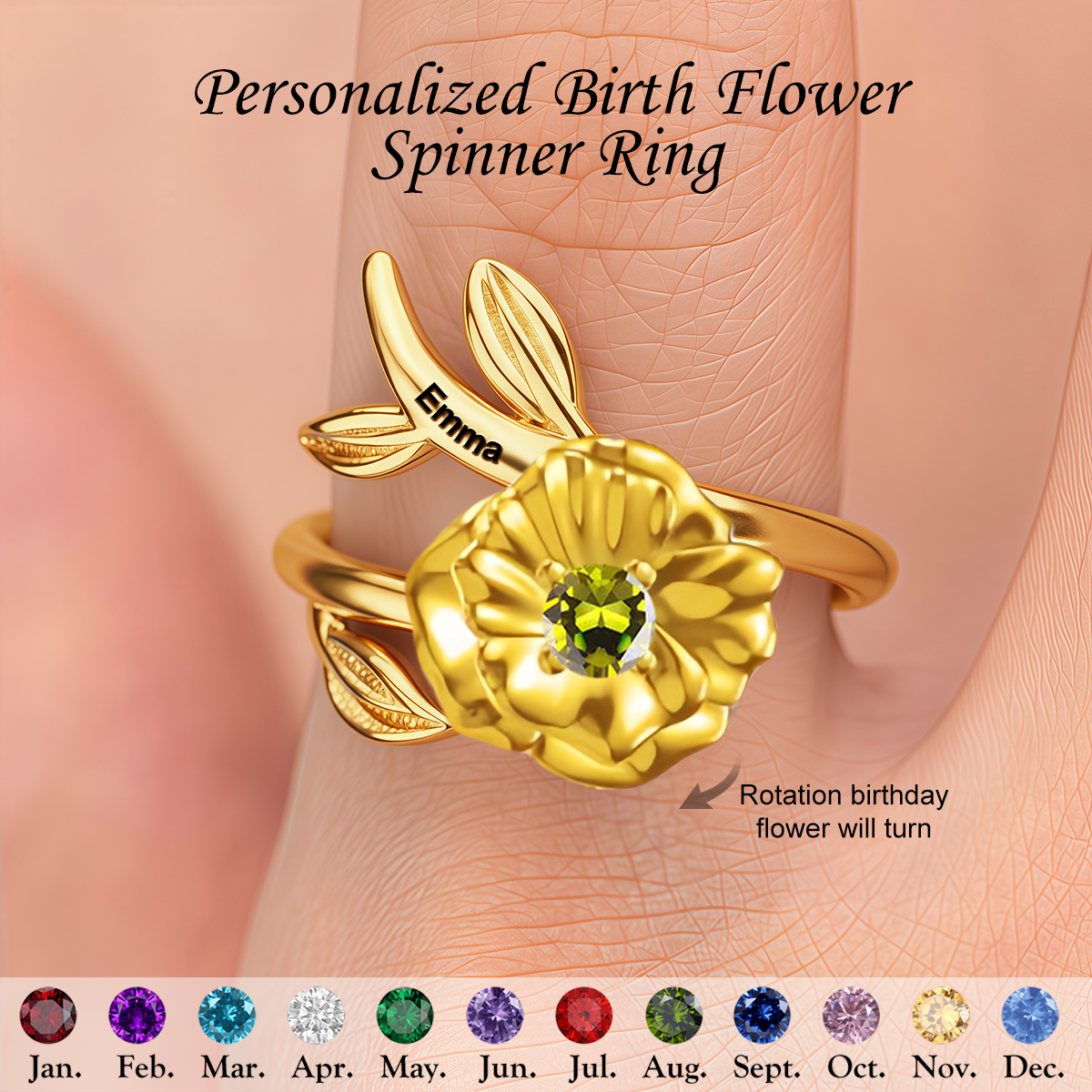 Personalized Birth Flower Fidget Spinner Ring