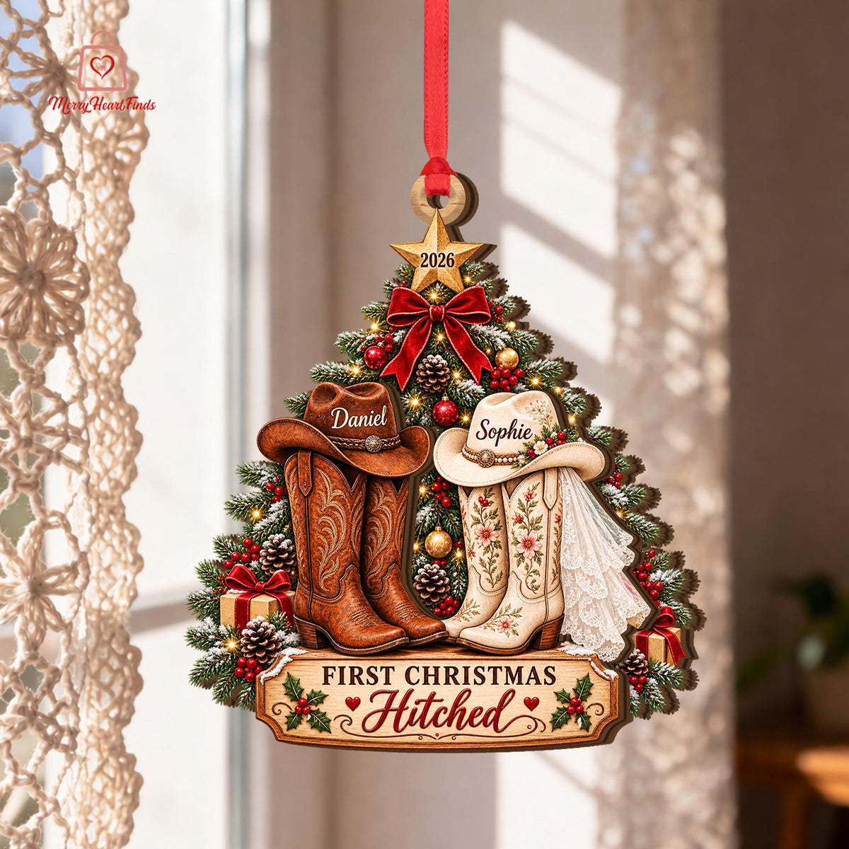Custom First Christmas Married Ornament, Country Wedding Keepsake, Cowboy Gift For Couple