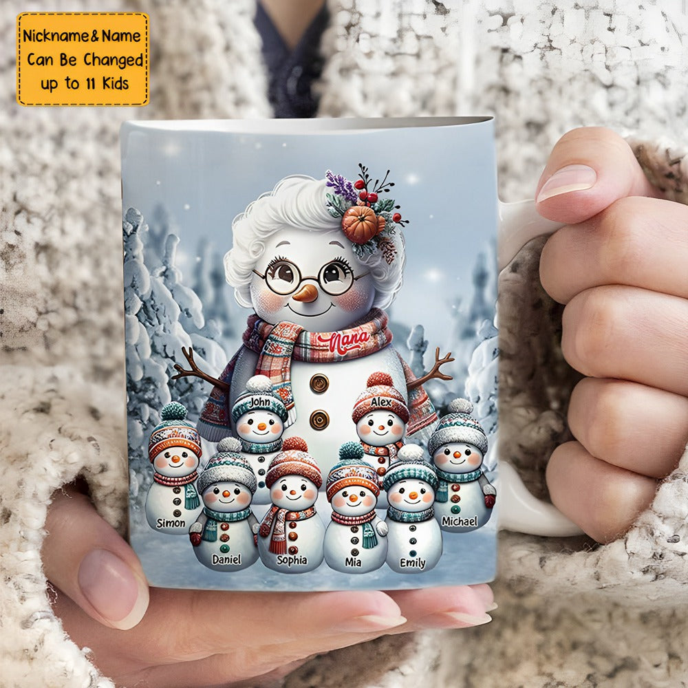 Snowman Grandma With Adorable Grandkids Personalized Mug