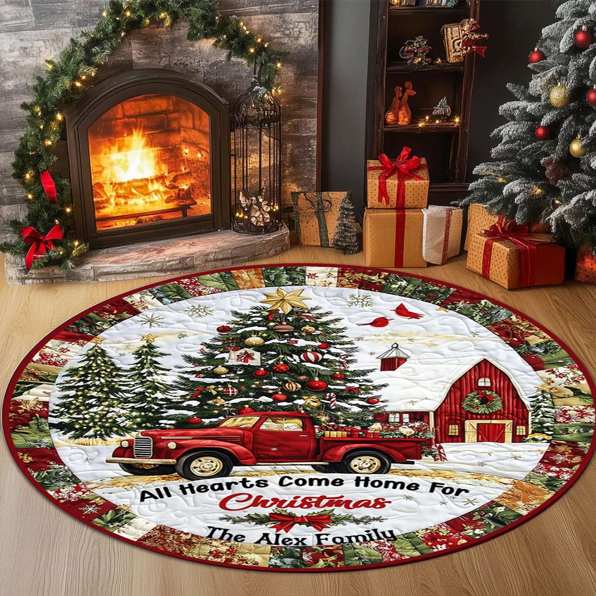 All Hearts Come Home For Christmas - Personalized Family Round Rug