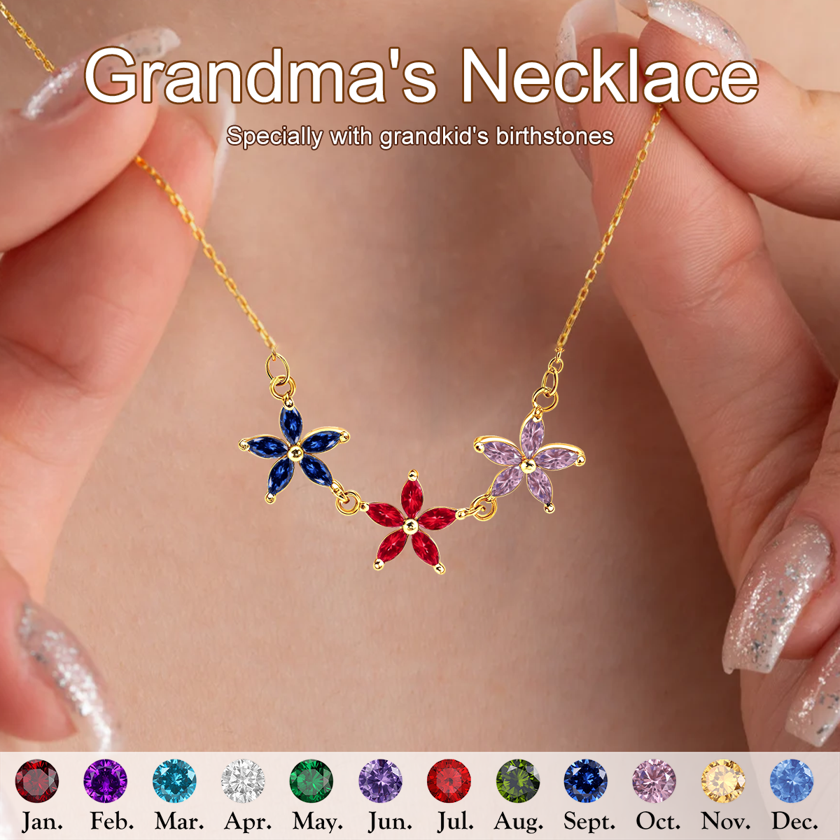 Personalized Birthstone Flower Necklace, Gift For Grandma Mom