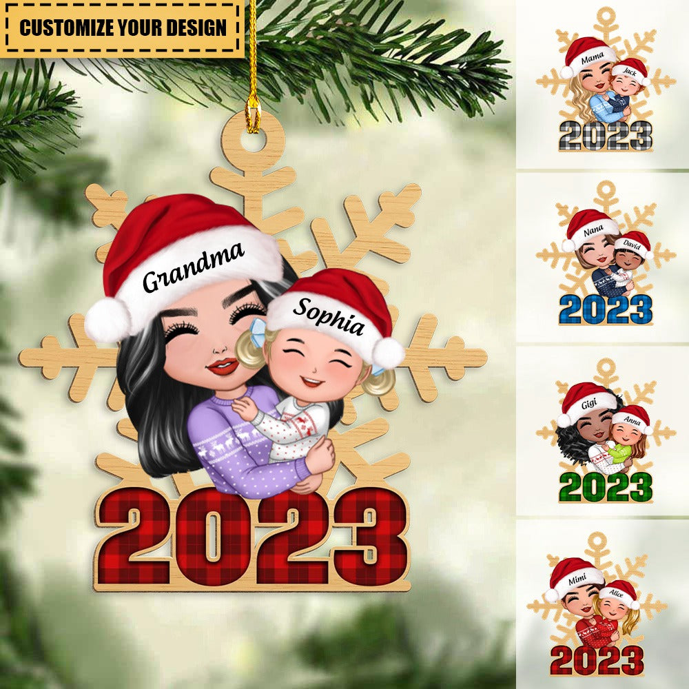 Doll Grandma Hugging Grandkid Snowflake Checkered 2023 Personalized Wooden Ornament