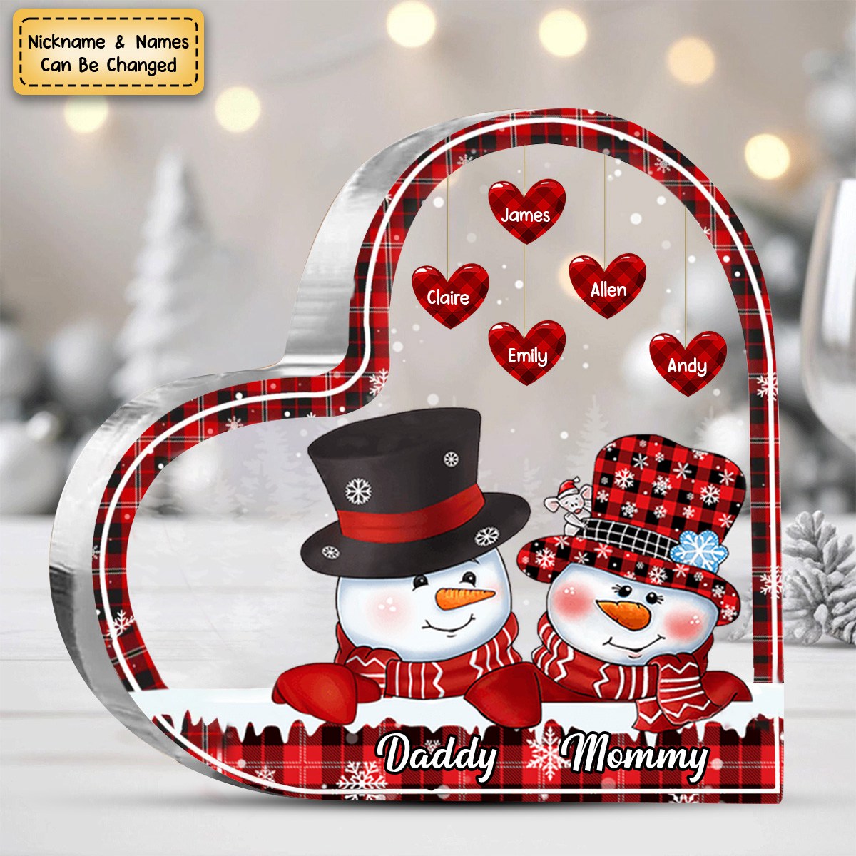 Granparents/Parents Christmas Snowman Personalized Acrylic Heart Keepsake
