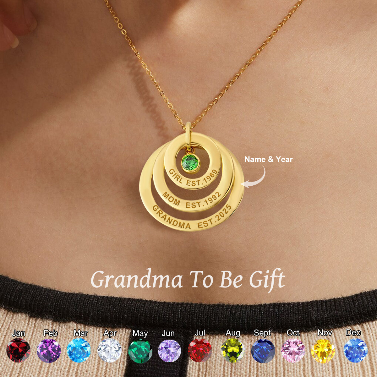 Personalized Name Necklace With Custom Engraving And Birthstone-Gift For Grandma
