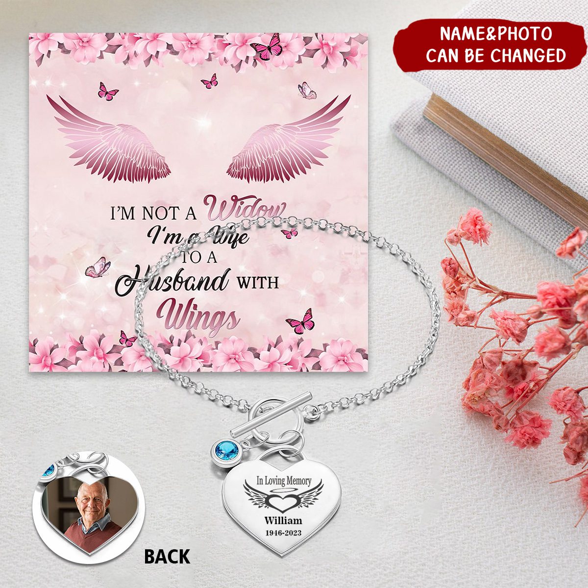 I'm A Wife To A Husband With Wings Personalized Memorial Bracelet With Birthstone