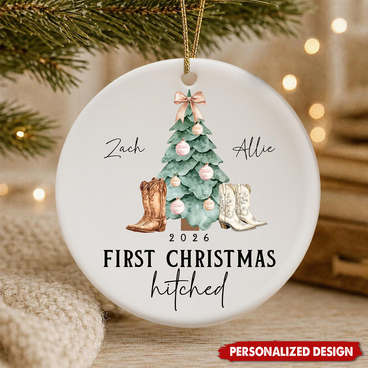 First Christmas Married - Country Western Personalized Ornament For Newlywed Gift