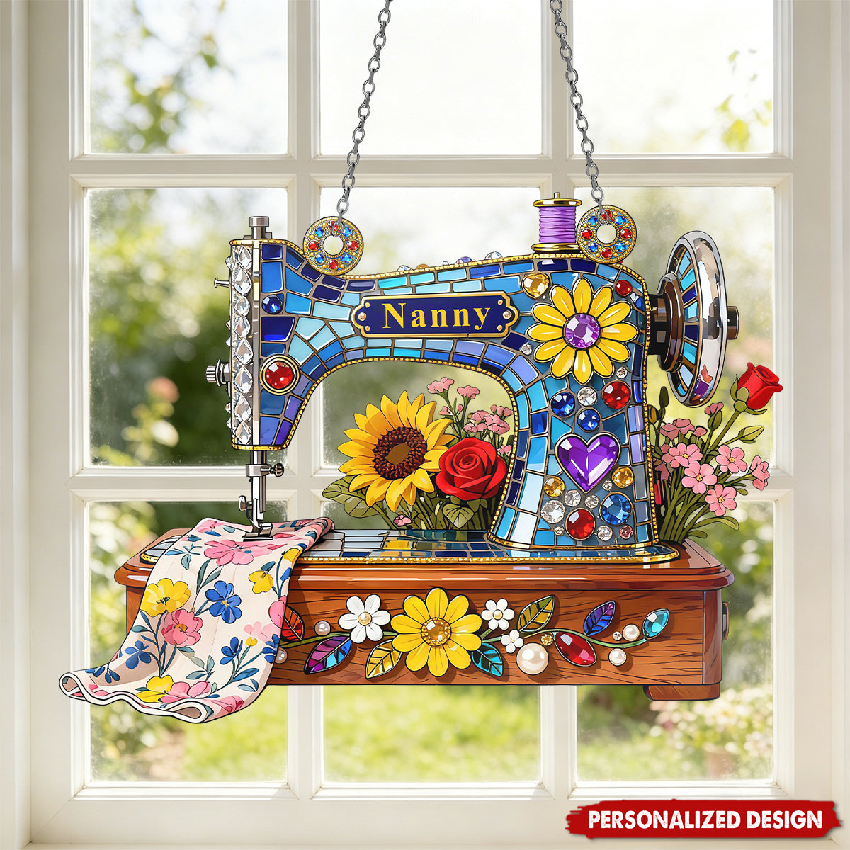 Personalized Flower Sewing Machine Window Hanging Decor, Gifts for Sewing Lover