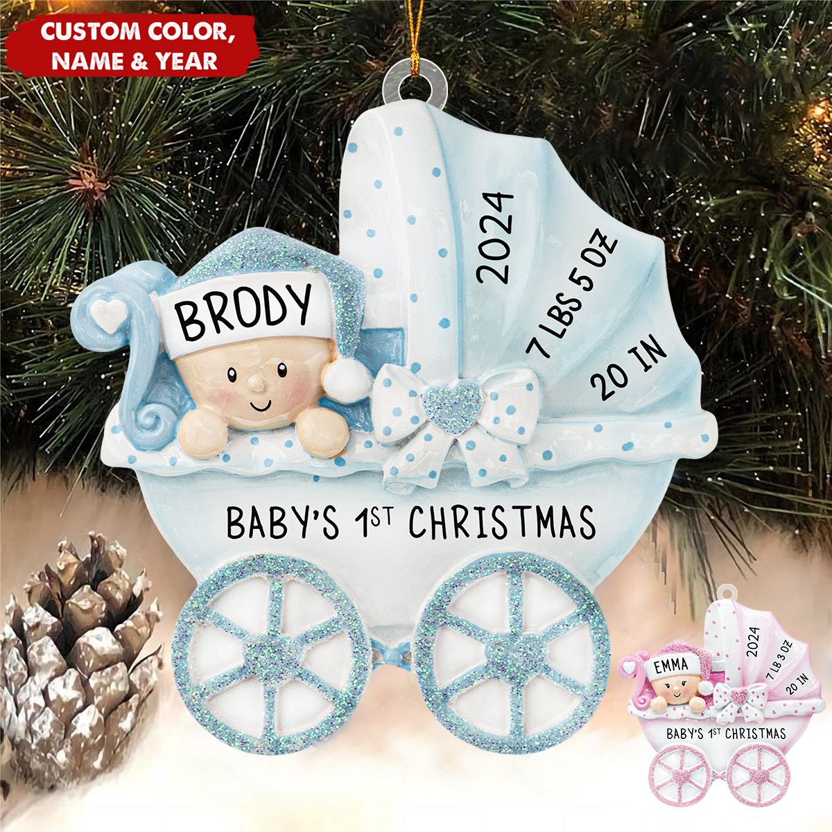 Baby's 1st Christmas Stroller Baby Boy Girl Personalized Ornament