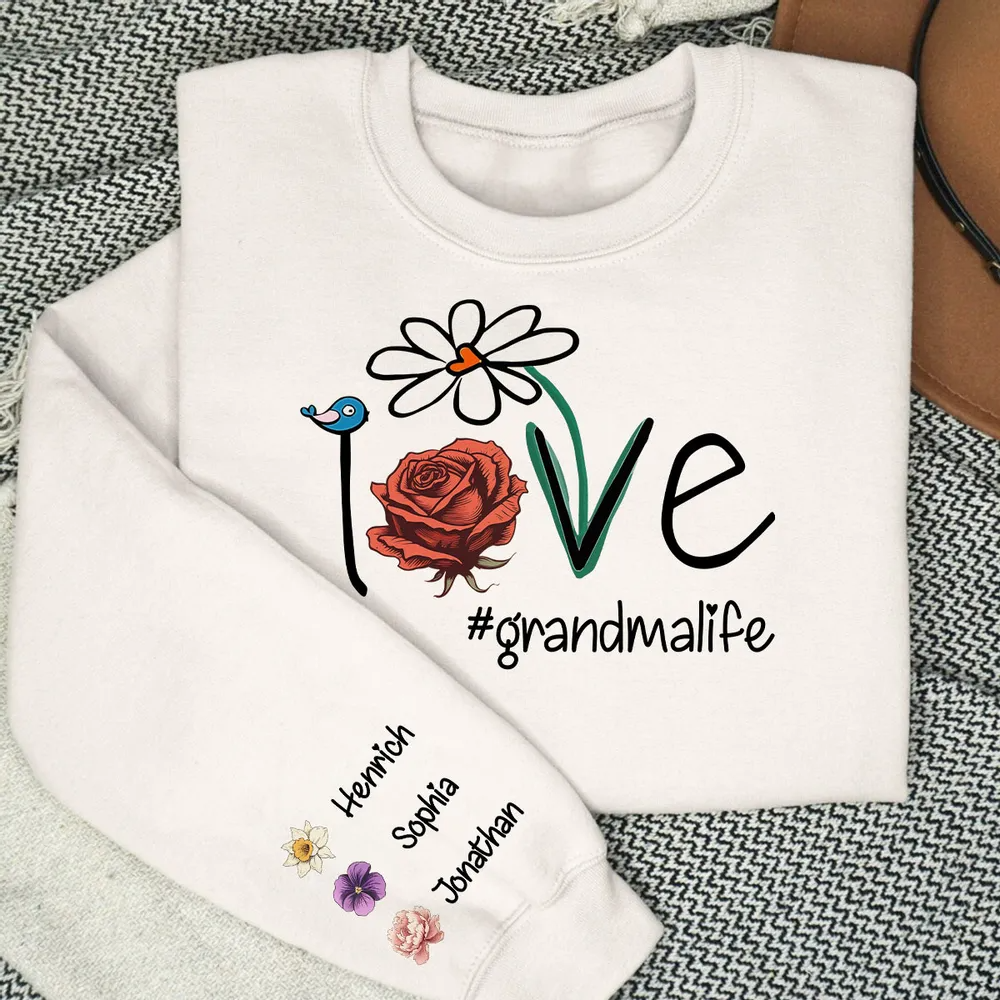 Love Grandma Life Mom Life Birth Month Flowers-Personalized Sleeve Printed Sweatshirt