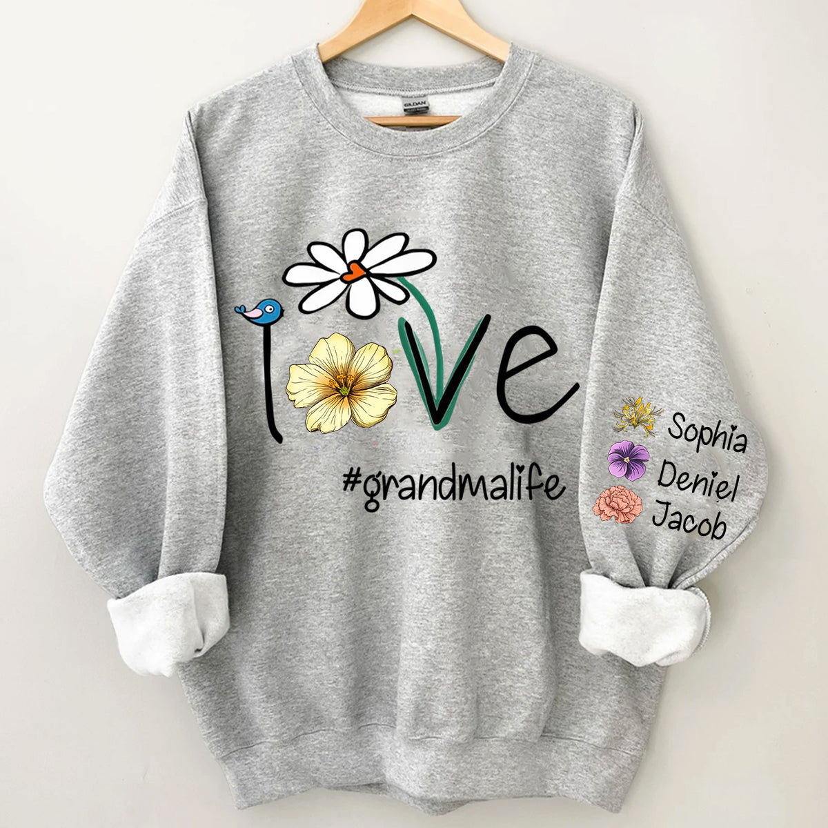 Love Grandma Life Mom Life Birth Month Flowers-Personalized Sleeve Printed Sweatshirt