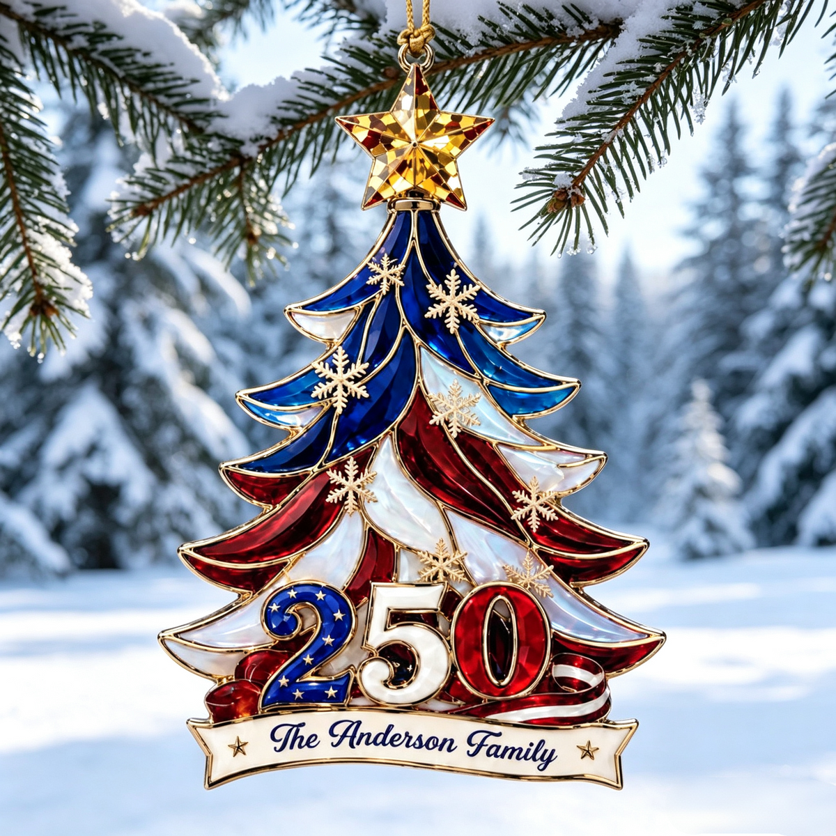 Personalized USA 250th Anniversary Ornament, Custom Family Name Patriotic Christmas Gift
