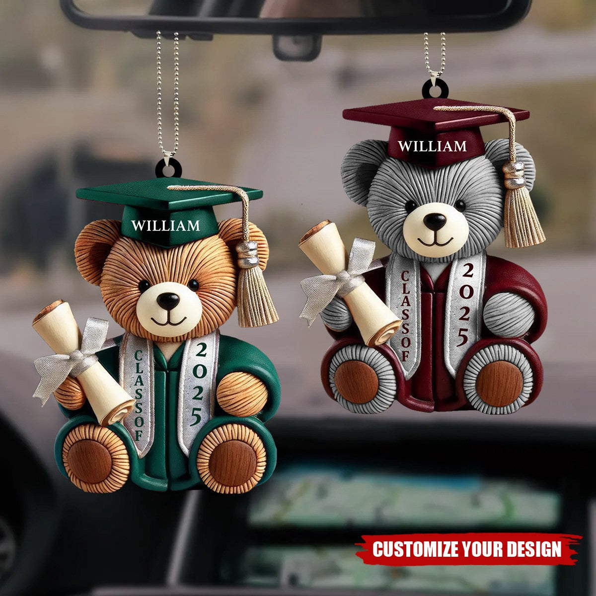 Graduation Bear - Personalized Acrylic Car Hanger, 2025 Senior Gift