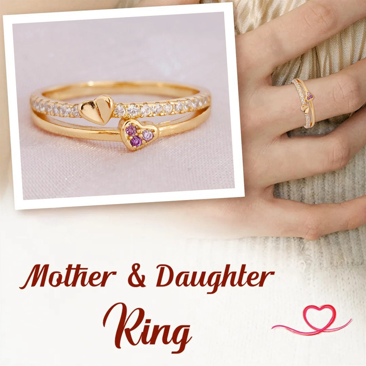 Mother & Daughter I Held You Double Heart Ring - Ring For Women