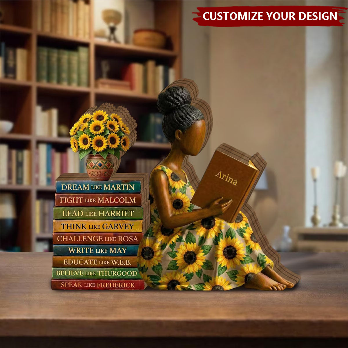 African American Reading Woman Custom Name Wooden Block
